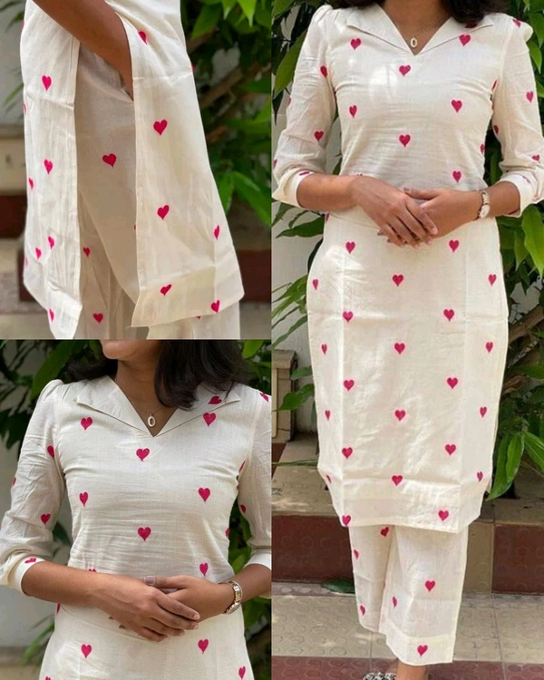 Trendy Red Heart Women's Kurti And Pant Co-ords Set - L