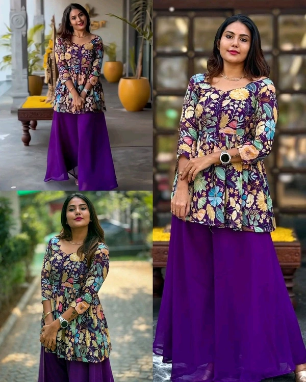 New Launching Our Women's Trending Collection Of Full Stitched Chinnon Top And Georgette Palazzo Set With Floral Print - Effortless Style and Comfort! - XL