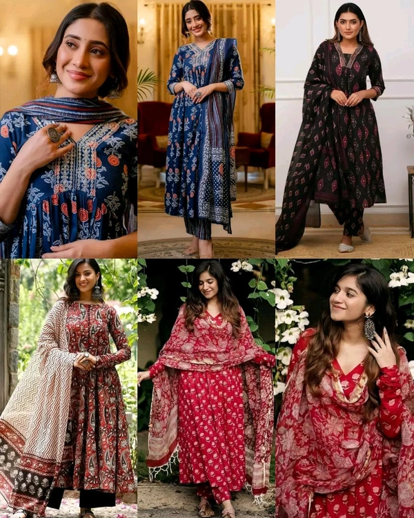 Trendy Women Printed Anarkali Kurta and Pant Set with Dupatta - Moody Blue, 2XL
