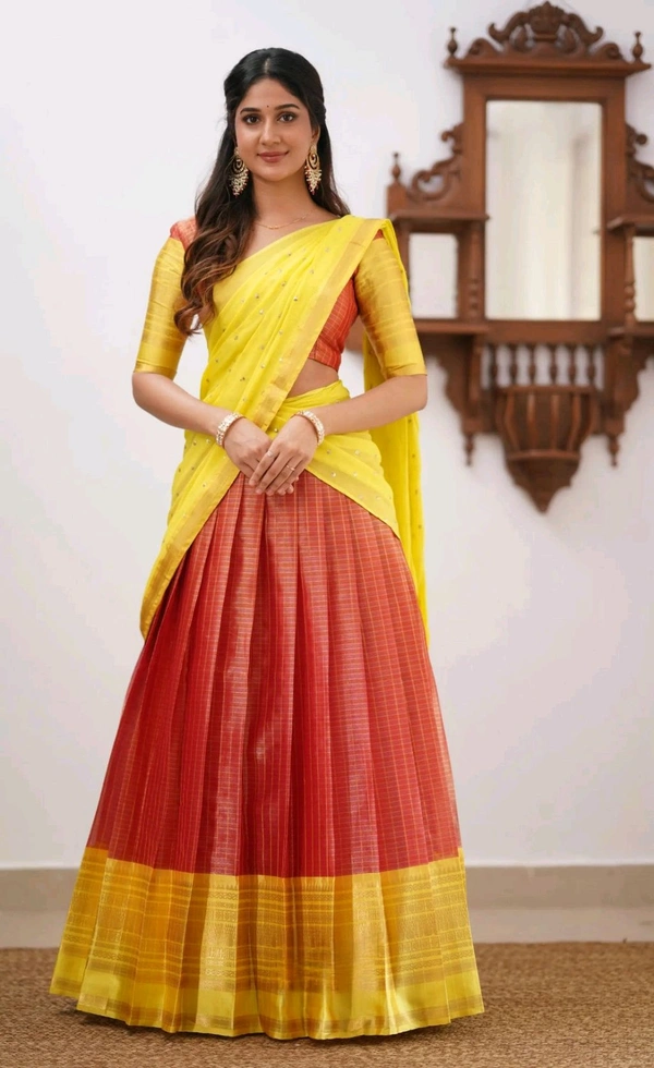 South Indian Traditional Half Saree - Yellow, Free Size