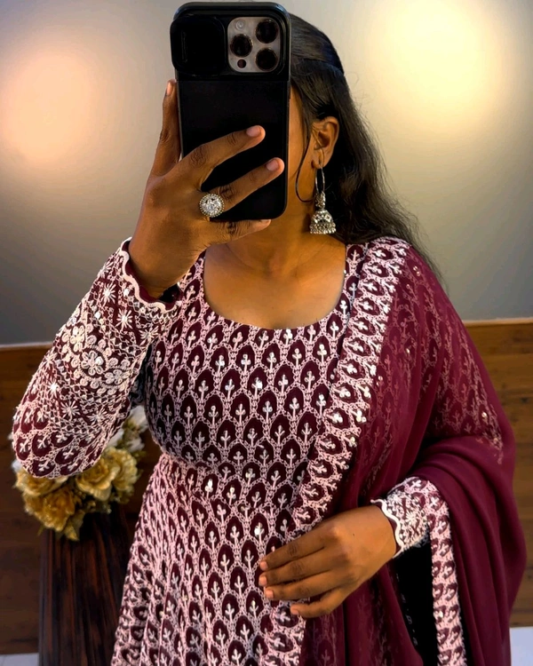 Nandhini Gown With Dupatta Launching New chikankari maxi - Wine, S