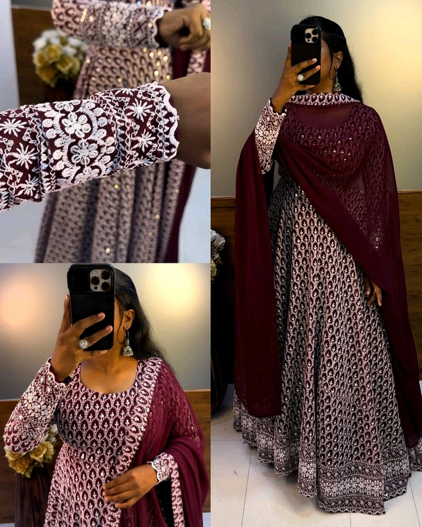 Nandhini Gown With Dupatta Launching New chikankari maxi - Wine, 2XL