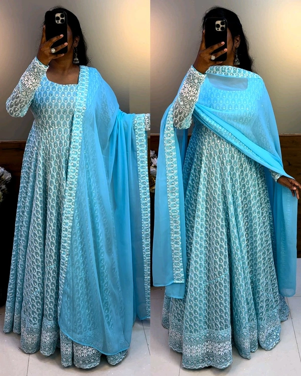 Nandhini Gown With Dupatta Launching New chikankari maxi - Sky Blue, 2XL
