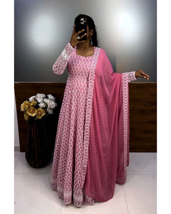 Nandhini Gown With Dupatta Launching New chikankari maxi - Pink, 5XL