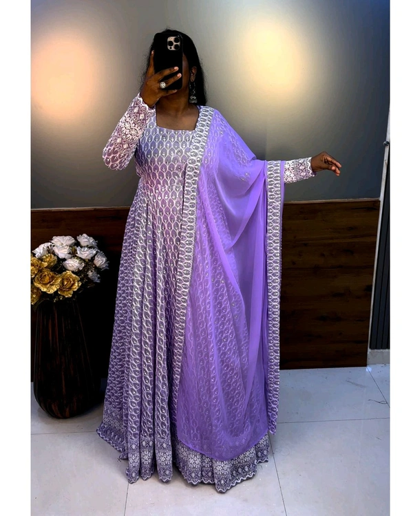 Nandhini Gown With Dupatta Launching New chikankari maxi - Mauve, M