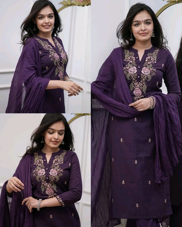 Trendy Purple Kurti With Dupatta & Bottomwear - M