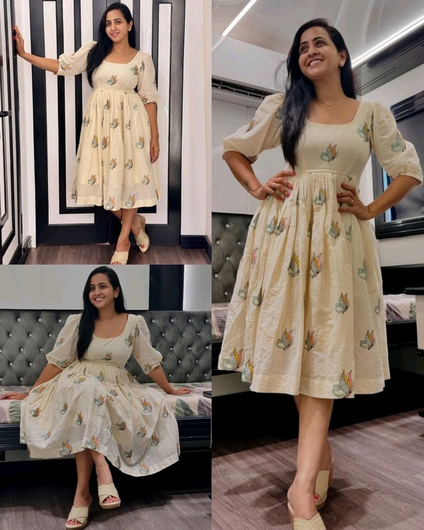 Dhyanku Malti color Floral Hand Block, Print Kurti type Midi Dress Cottan fabric 
