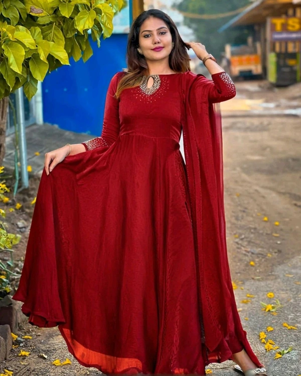 Ready to Wear pure space silk fabric with top heavy *dimond hand work full finish same duppata and full flair - Bright Red, XL