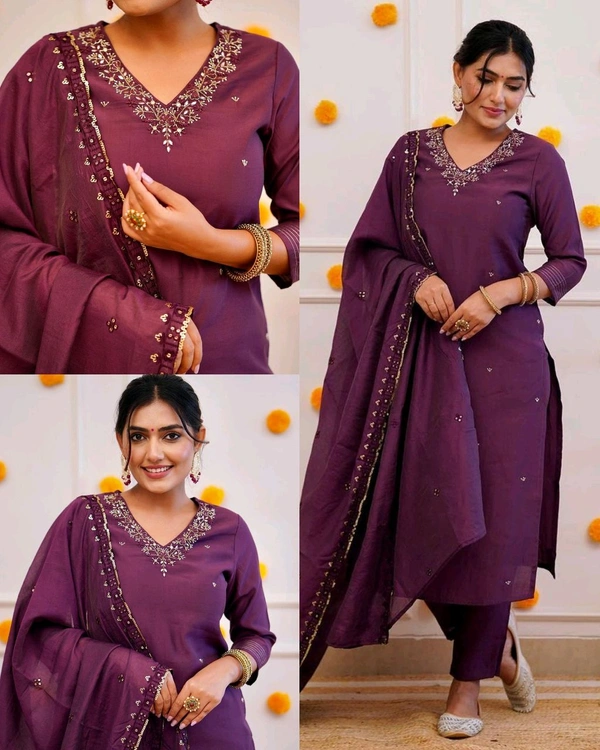 Trendy Roman Silk Kurta Pant Dupatta Set With Printed For Women - S