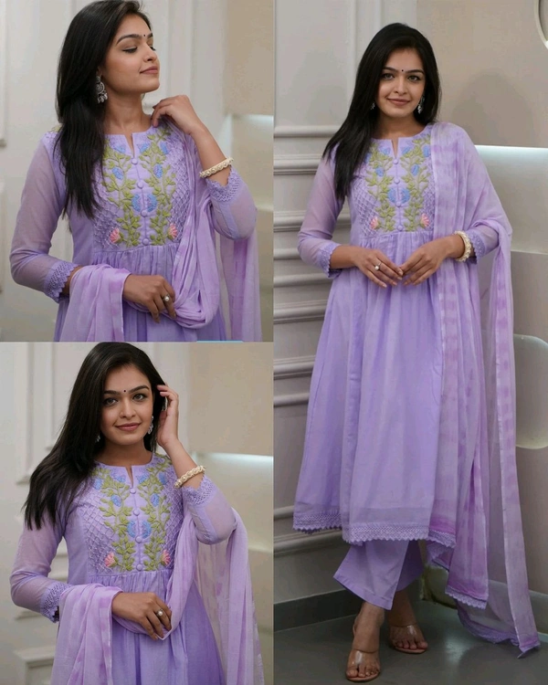 Trendy Fashion Floral Embroidered Kurta With Trousers & Dupatta - XL