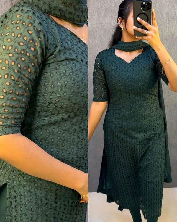 Elegant premium cotton hakoba kurti with six beautiful - Green, S
