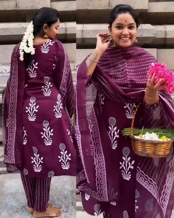 WOMEN KURTA SET WITH EMRODARY WORK DUPATA PRINTED FANCY KURTI WITH BOTTOM - Purple, S