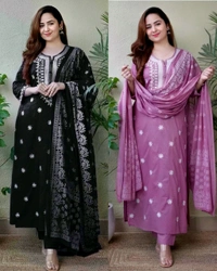 WOMEN KURTA SET WITH EMRODARY WORK DUPATA PRINTED FANCY KURTI WITH BOTTOM - Purple, S