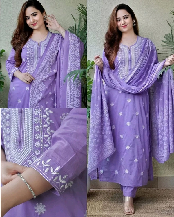 WOMEN KURTA SET WITH EMRODARY WORK DUPATA PRINTED FANCY KURTI WITH BOTTOM - Lavender, 2XL