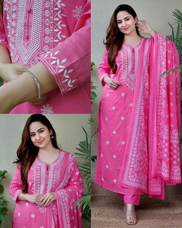 WOMEN KURTA SET WITH EMRODARY WORK DUPATA PRINTED FANCY KURTI WITH BOTTOM - Pink, S