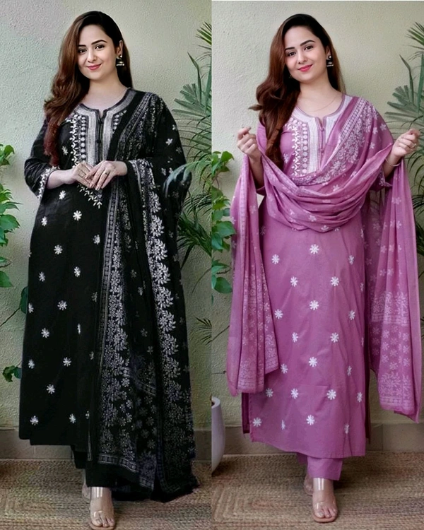 WOMEN KURTA SET WITH EMRODARY WORK DUPATA PRINTED FANCY KURTI WITH BOTTOM - Black, M