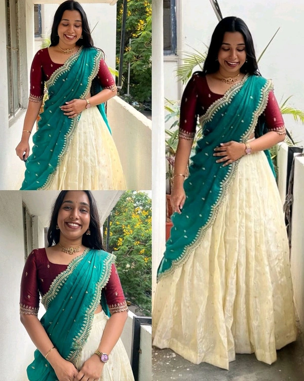 Trendy Viscose zari Tissue Silk Gold Zari Lehanga With Blouse Along With Embroidery Duppta🥰
- Free Size, Teal