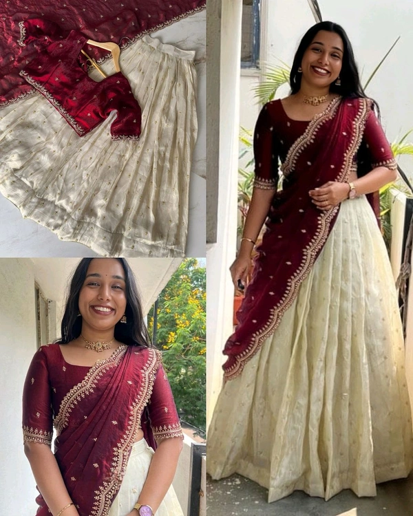 Trendy Viscose zari Tissue Silk Gold Zari Lehanga With Blouse Along With Embroidery Duppta🥰
- Maroon, Free Size