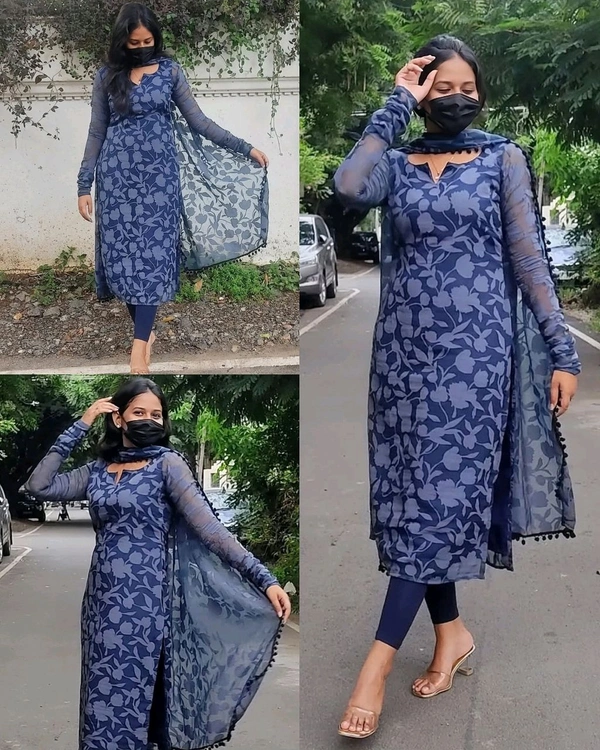 Modern Floral Blue Digital Printed Georgette Dupatta Set - Vibrant & Trendy for All Occasions" - XL