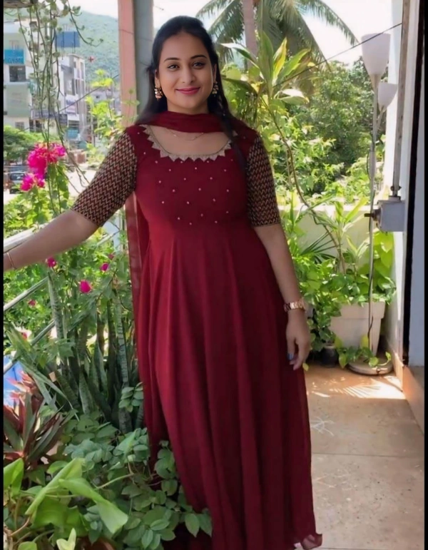 Beautiful Women Gown With Dupatta - Maroon, S