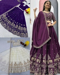 Beautiful Designer Traditional Chinon Silk Heavy Embroidery Work Lehenga
- Purple, Semi Stitched