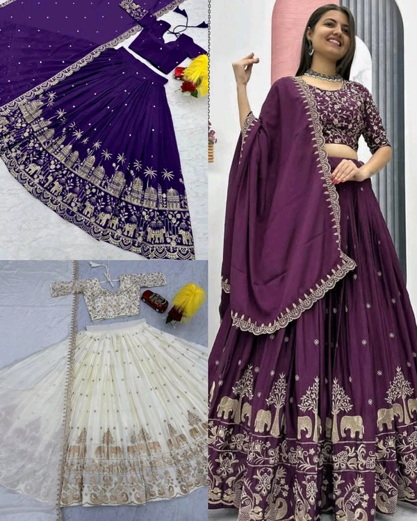 Beautiful Designer Traditional Chinon Silk Heavy Embroidery Work Lehenga
- Purple, Semi Stitched