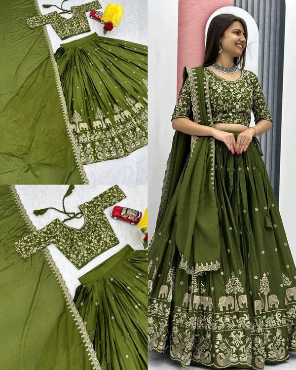 Beautiful Designer Traditional Chinon Silk Heavy Embroidery Work Lehenga
- Green, Semi Stitched