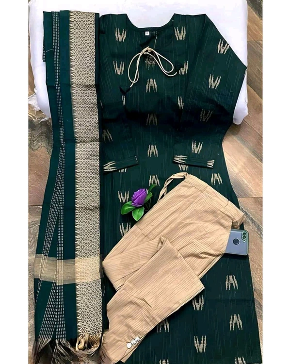 Khadi cotton daily wear kurta sets - Green, L