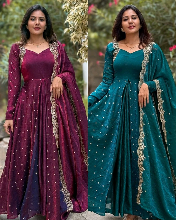 Launching Heavy Designer Party Wear Look Gown-Dupatta and Bottom with Heavy Embroidery Sequence Work - 2XL, Teal Blue