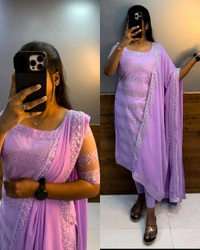 Trendy Net Embroidered kurti + dupata - Wine, S