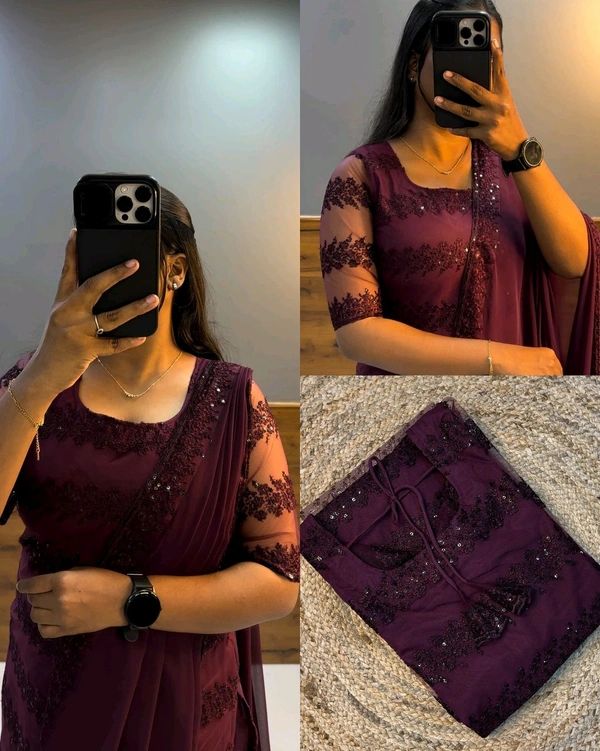 Trendy Net Embroidered kurti + dupata - Wine, 3XL