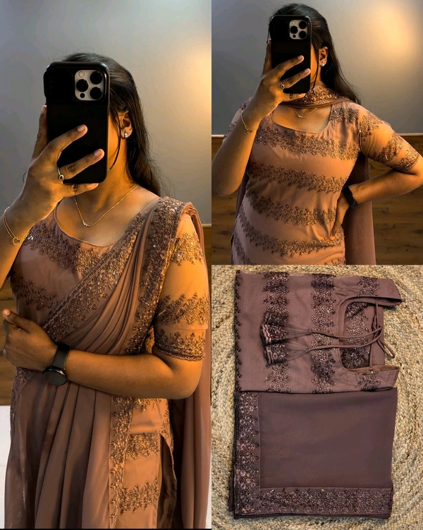 Trendy Net Embroidered kurti + dupata - choco, 2XL