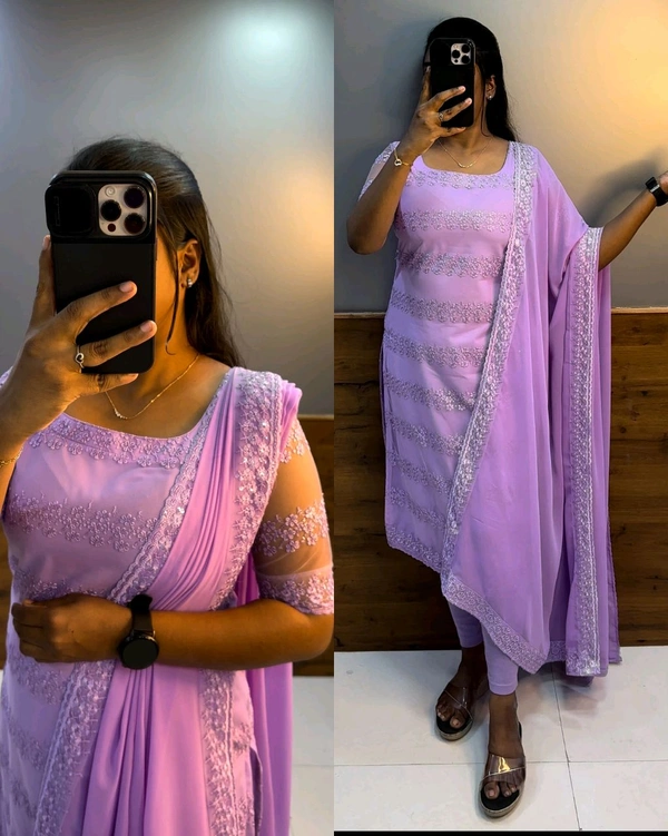 Trendy Net Embroidered kurti + dupata - Mauve, 4XL