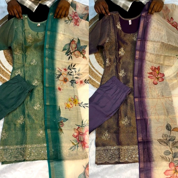 Premium quality Banarasi tissue crush silk kurta set - Teal, M