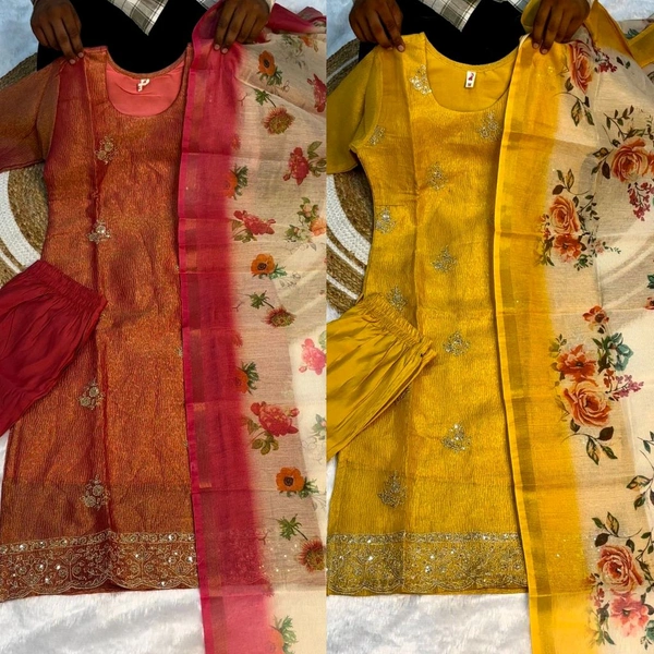 Premium quality Banarasi tissue crush silk kurta set - Yellow, XL