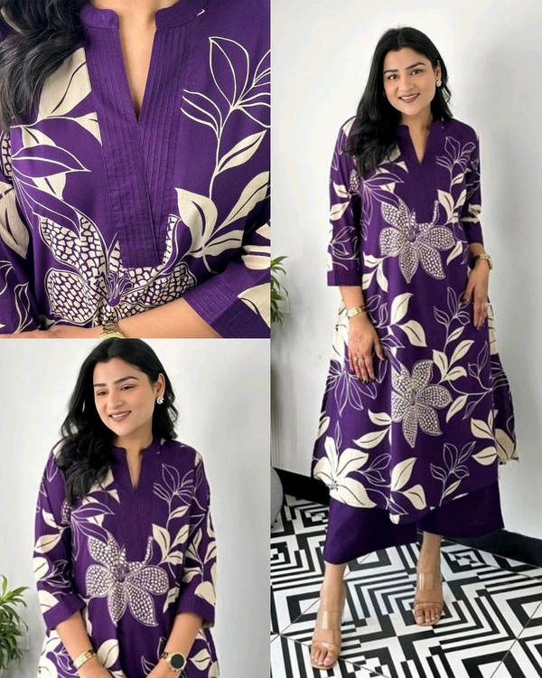 Launching Designer Co-Ords set in Cotton Floral Kurta with Palazzos - Purple, M
