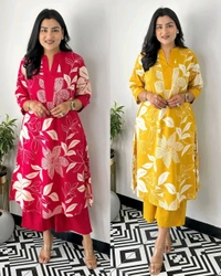 Launching Designer Co-Ords set in Cotton Floral Kurta with Palazzos - Purple, M