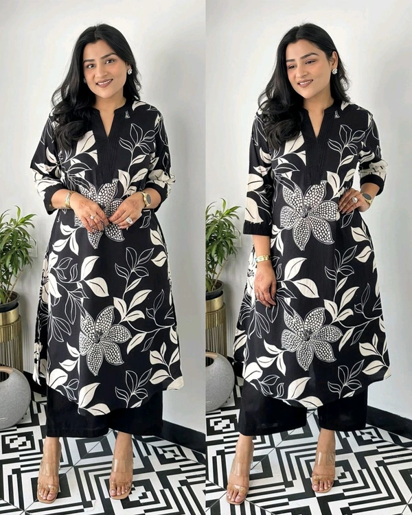 Launching Designer Co-Ords set in Cotton Floral Kurta with Palazzos - Black, L