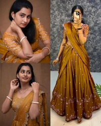 Beautiful Designer Traditional Chinon Silk Heavy Embroidery Work Lehenga - Pigment Indigo, Semi Stitched