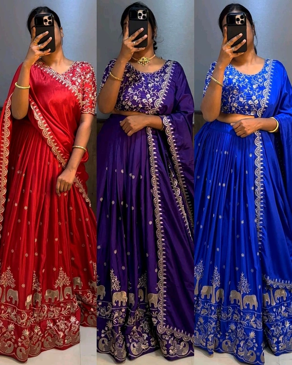 Beautiful Designer Traditional Chinon Silk Heavy Embroidery Work Lehenga - Red, Semi Stitched