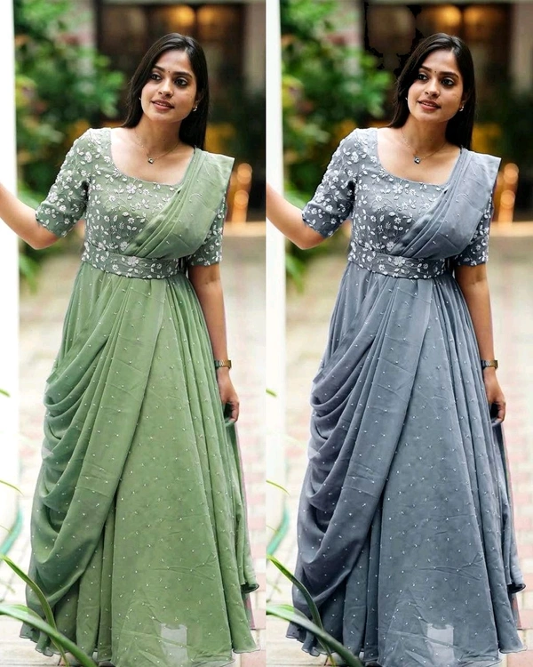 The Beautiful Partywear Gown With Attached Dupatta & Belt ❤️ - Gray, L