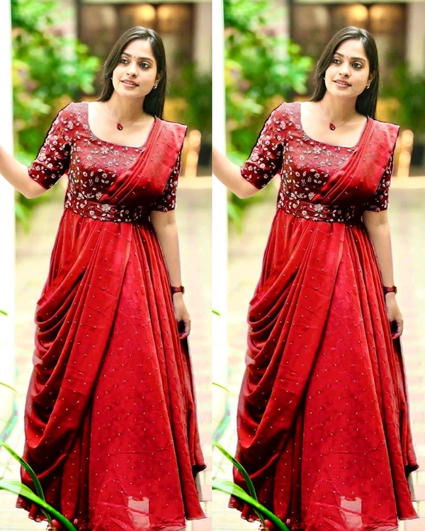 The Beautiful Partywear Gown With Attached Dupatta & Belt ❤️ - Red, 2XL