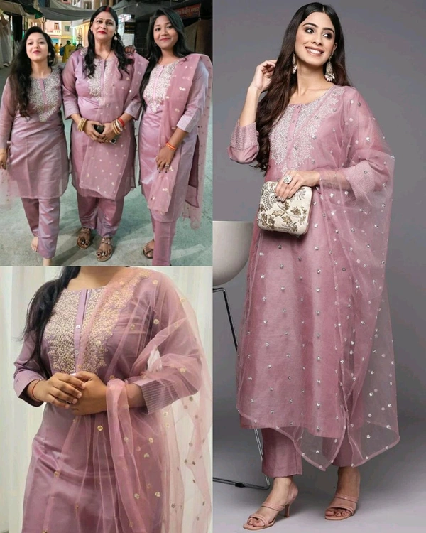 Elegant Mauve Pink Women’s Ethnic 3-Piece Set with Embroidered Kurti, Elastic Pant & Sequined Net Dupatta coding work kurti with pant set
- 4XL