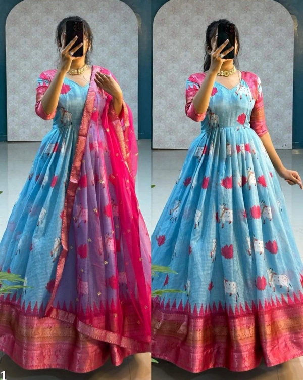 KANCHIPURAM Gown With Duppata - Aquamarine Blue, M