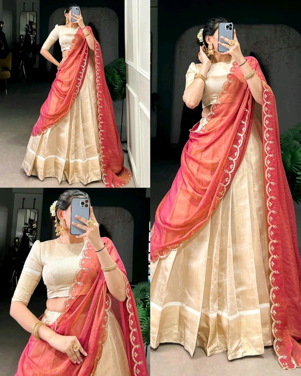 Elegant Golden Zari Weaving Work Lehenga with Zari Shimmer Dupatta 🪷
- Free Size