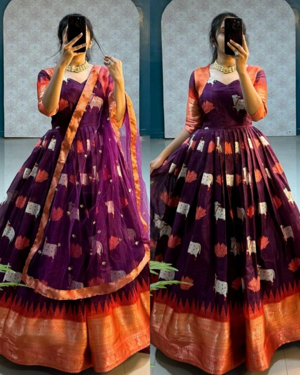 KANCHIPURAM Gown With Duppata - Purple, 2XL