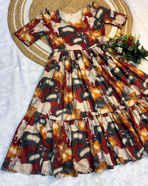 This beautiful kalamkari printed maxi gown made with soft cotton fabric and feeding zip also attached - Mango Tango, S