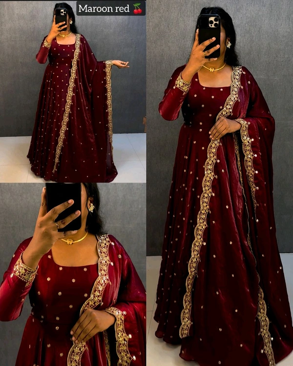 Super Trendy Party wear gown + dupata - Maroon, L