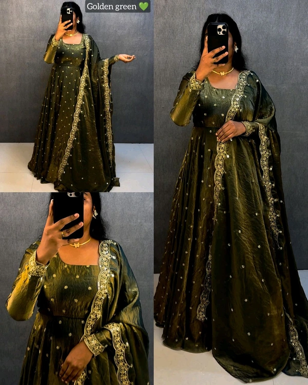 Super Trendy Party wear gown + dupata - Golden Green, M