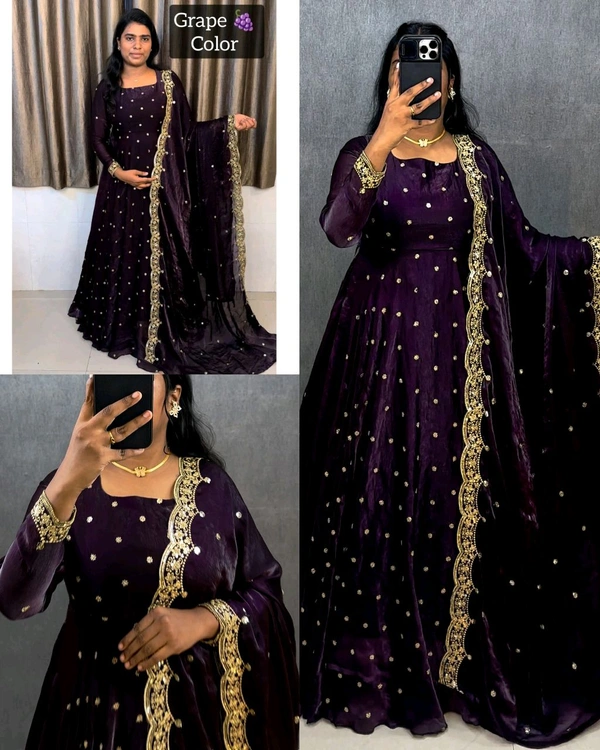 Super Trendy Party wear gown + dupata - Grape, M